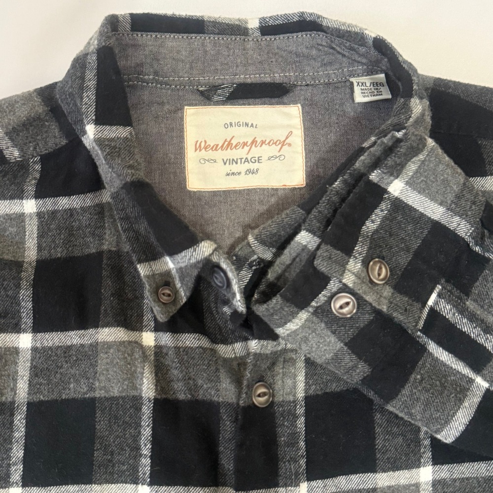 Weatherproof Vintage Mens XXL Plaid Flannel Shirt Black Gray Button Up Long Slv.